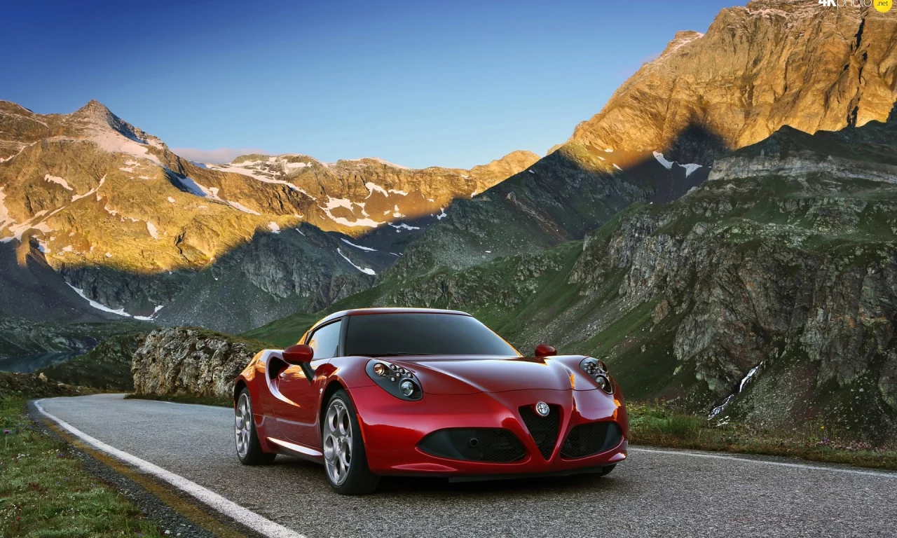 альфа ромео, 4с, горы, 4c, alfa romeo, mountains, way, modern, power, mod, car, sun, sky, summer, see, indusrial, front, silver, nice, wide