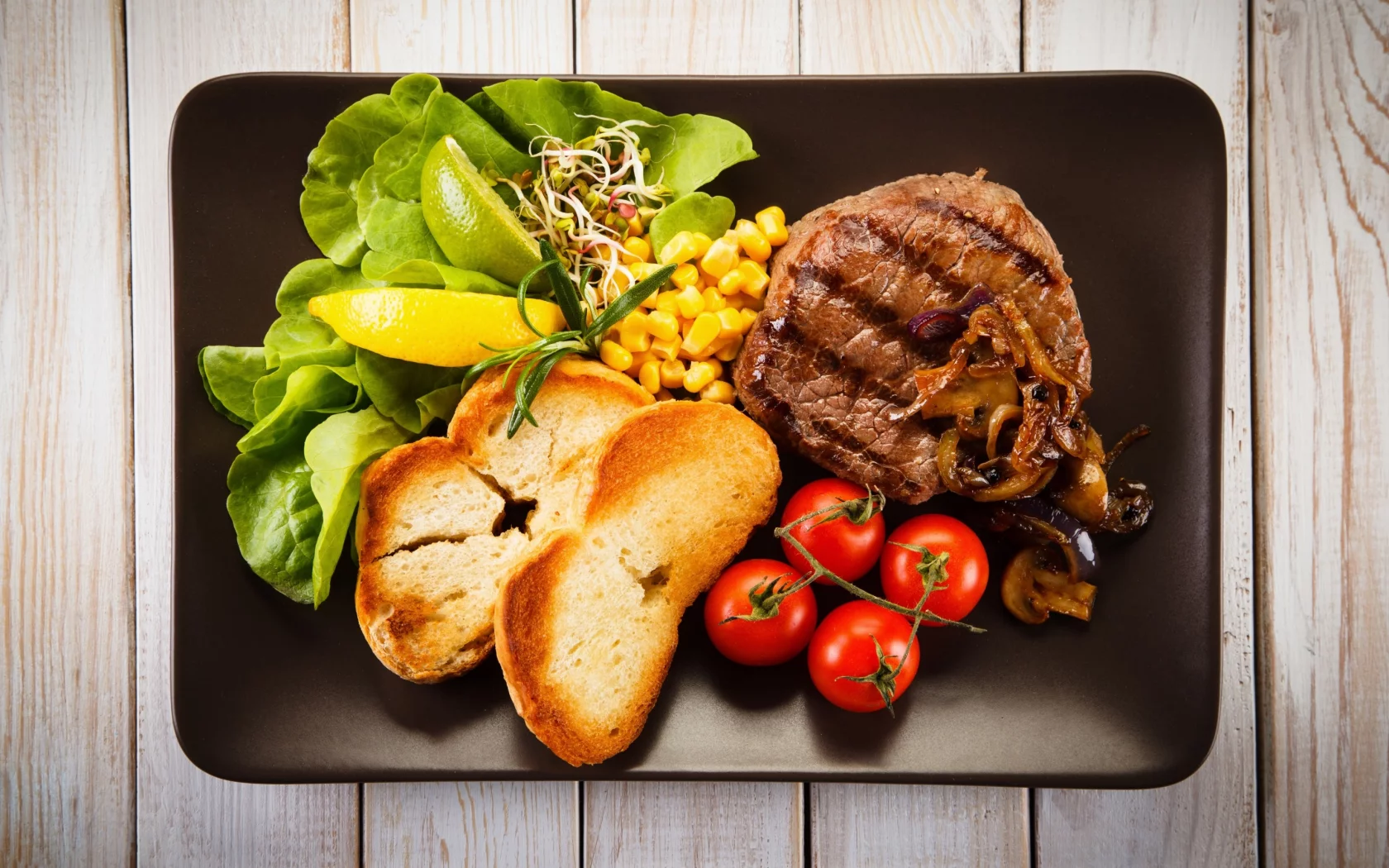 грибы, мясо, помидор, зелень, хлеб, tomatoes, тосты, лимон, meat, vegetables