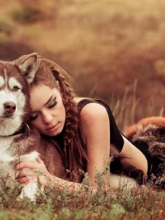 девушка, лежит, собака, природа, рыжая