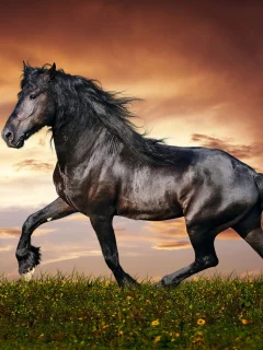 конь, жеребец, лошадь, луг, horse, stallion, horse, meadow, sun, summer, see, front, black, smile, flowers, field, sun, summer, see, nice, wide