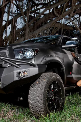 автомобиль, тойота, тундра, лес, девушка, toyota, tundra, devolro, forest, girl, front, three, muscle, musclecar, stance, power, car, mod, custom, front, sky, summer, see, indusrial, modern, silver, sun, summer, nice, wide