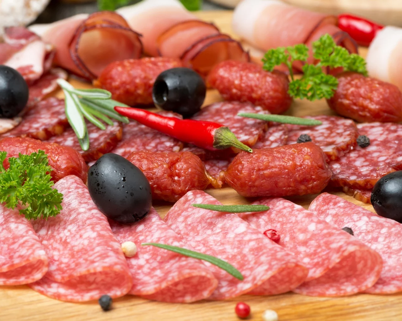 sausage, колбаса, зелень, бекон, meat, оливки