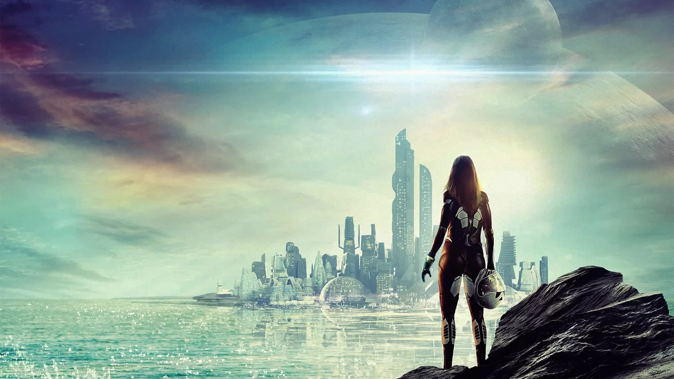 город, космос, девушка, city, future, girl, pilot, planet, alien, sea, home, second, robot, android, girl, boy, aluren, space, nice, sun, sky, stars, solar, south, wide