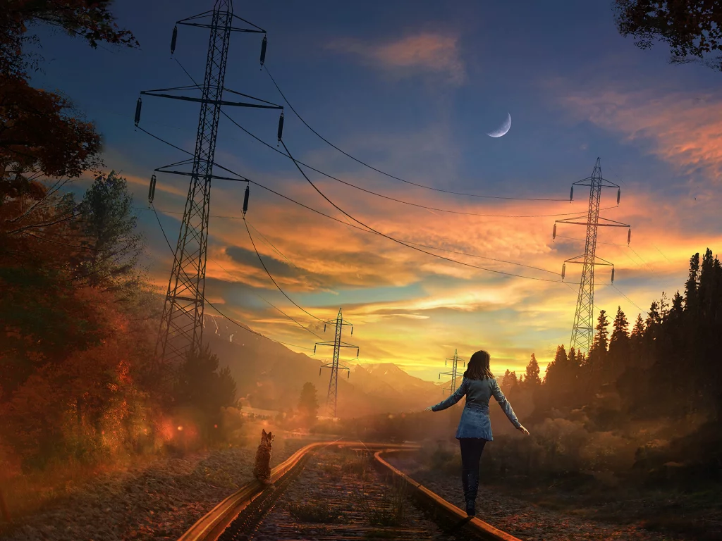 лес, железная дорога, девушка, собака, луна, forest, girl, dog, moon, railroad, highway, dark, trees, sunrise, grass, green, fence, leaves, mist, moss, trees, forest, fallen, park, green, nature, landscapes, trees, forest, trail, woods, leaves, sunri