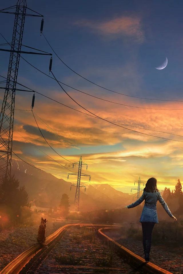 лес, железная дорога, девушка, собака, луна, forest, girl, dog, moon, railroad, highway, dark, trees, sunrise, grass, green, fence, leaves, mist, moss, trees, forest, fallen, park, green, nature, landscapes, trees, forest, trail, woods, leaves, sunri