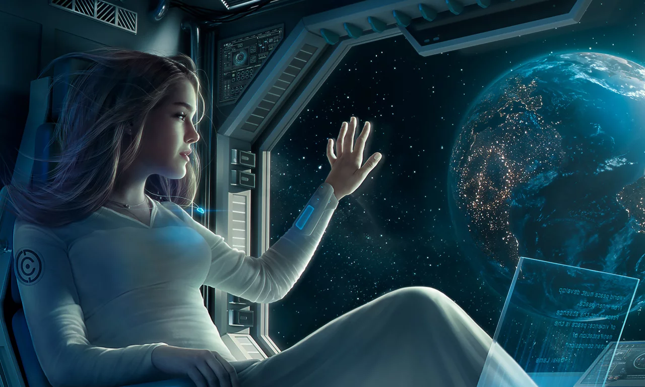 девушка, каюта, космолёт, космический, корабль, планета, отлёт, girl, stateroom, room, spaceship, departure, space, planet, up, see, sky, stars, nice, wide
