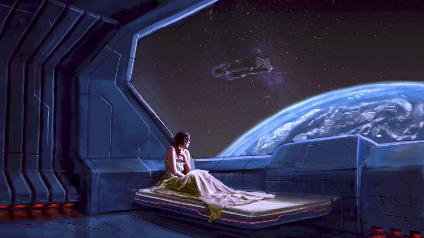 девушка, каюта, космолёт, космический, корабль, планета, girl, stateroom, room, spaceship, space, planet, alien, up, see, sky, stars, nice, wide