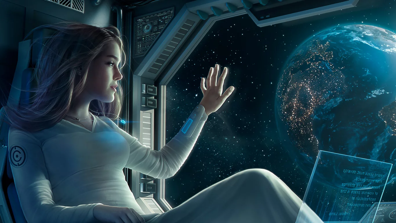 девушка, каюта, космолёт, космический, корабль, планета, отлёт, girl, stateroom, room, spaceship, departure, space, planet, up, see, sky, stars, nice, wide