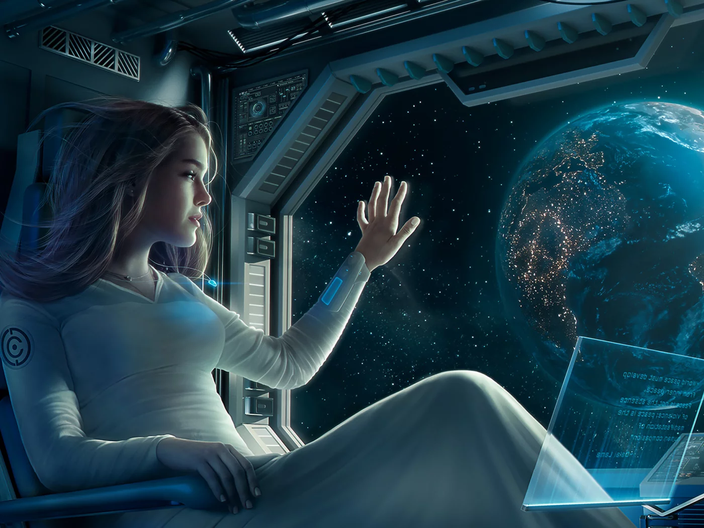 девушка, каюта, космолёт, космический, корабль, планета, отлёт, girl, stateroom, room, spaceship, departure, space, planet, up, see, sky, stars, nice, wide
