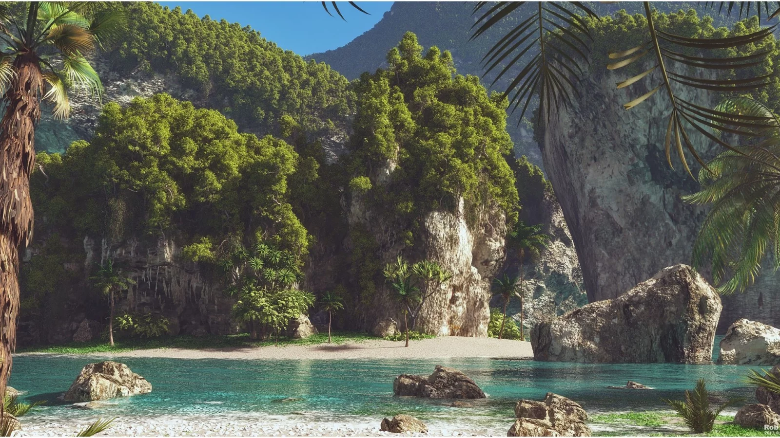тропики, море, jungle, tropics, tropical, trees, sea, forest, path, fallen, green, nature, landscapes, trees, forest, trail, woods, leaves, sunrise, see, light, summer, see, nice, wide