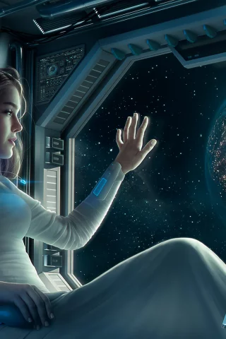 девушка, каюта, космолёт, космический, корабль, планета, отлёт, girl, stateroom, room, spaceship, departure, space, planet, up, see, sky, stars, nice, wide
