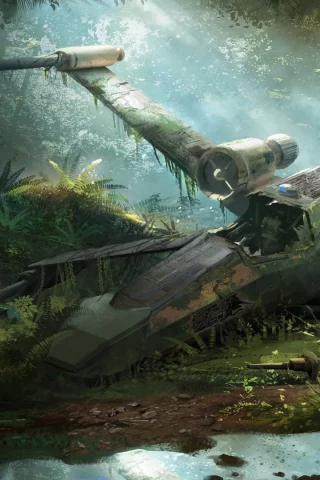 звездолёт, истребитель, много лет после войны, забытый, арт, fighter, many years after the war, abandoned, x wing, star wars, lake, shore, future, spaceship, gunship, forest, art, artwork, adventure, planet, see, star, wars, космолёт, wide