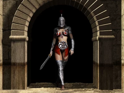 девушка, арена, чемпион, гладиаторша, castle, day, girl, arena, champion, gladiatrix, dress, leather, metal gloves, aluren, light, sun, sky, see, eyes, nice, lanista8, wide
