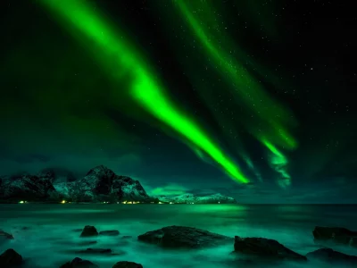 горы, скалы, северное сияние, норвегия, norway, lofoten, aurora, nothern lights, ice, mounts, mountain, nature, sea, rock, night, nature, landscapes, see, sun, sky, dark, nice, wide
