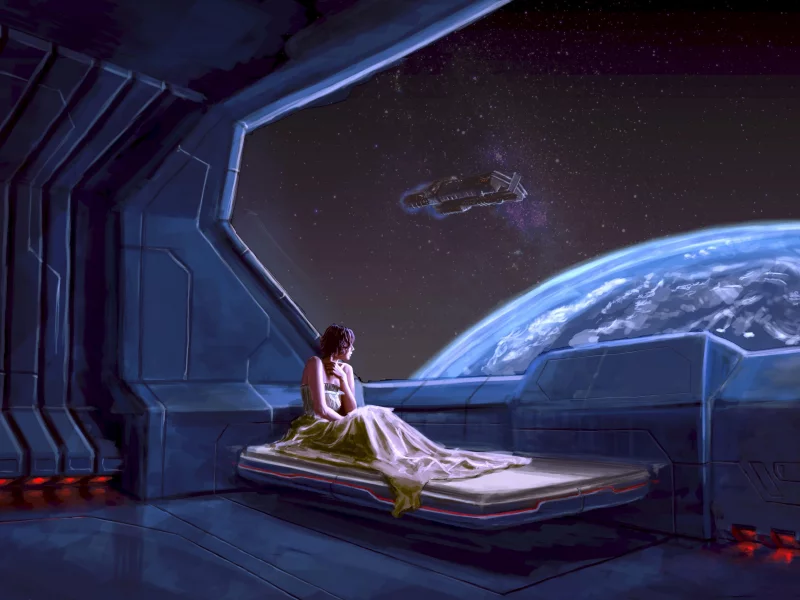 девушка, каюта, космолёт, космический, корабль, планета, girl, stateroom, room, spaceship, space, planet, alien, up, see, sky, stars, nice, wide