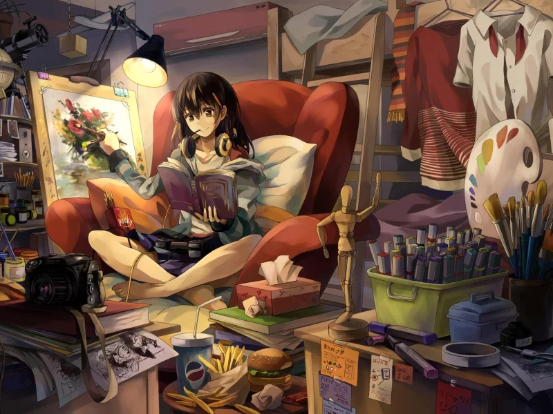 девушка, комната, рисование, girl, dress, color, room, dark, art, neko yanshoujie, paveikslas, teptukai, ausines, molbert, see, sun, nice, smile, wide