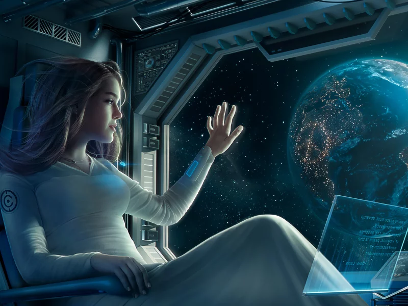 девушка, каюта, космолёт, космический, корабль, планета, отлёт, girl, stateroom, room, spaceship, departure, space, planet, up, see, sky, stars, nice, wide