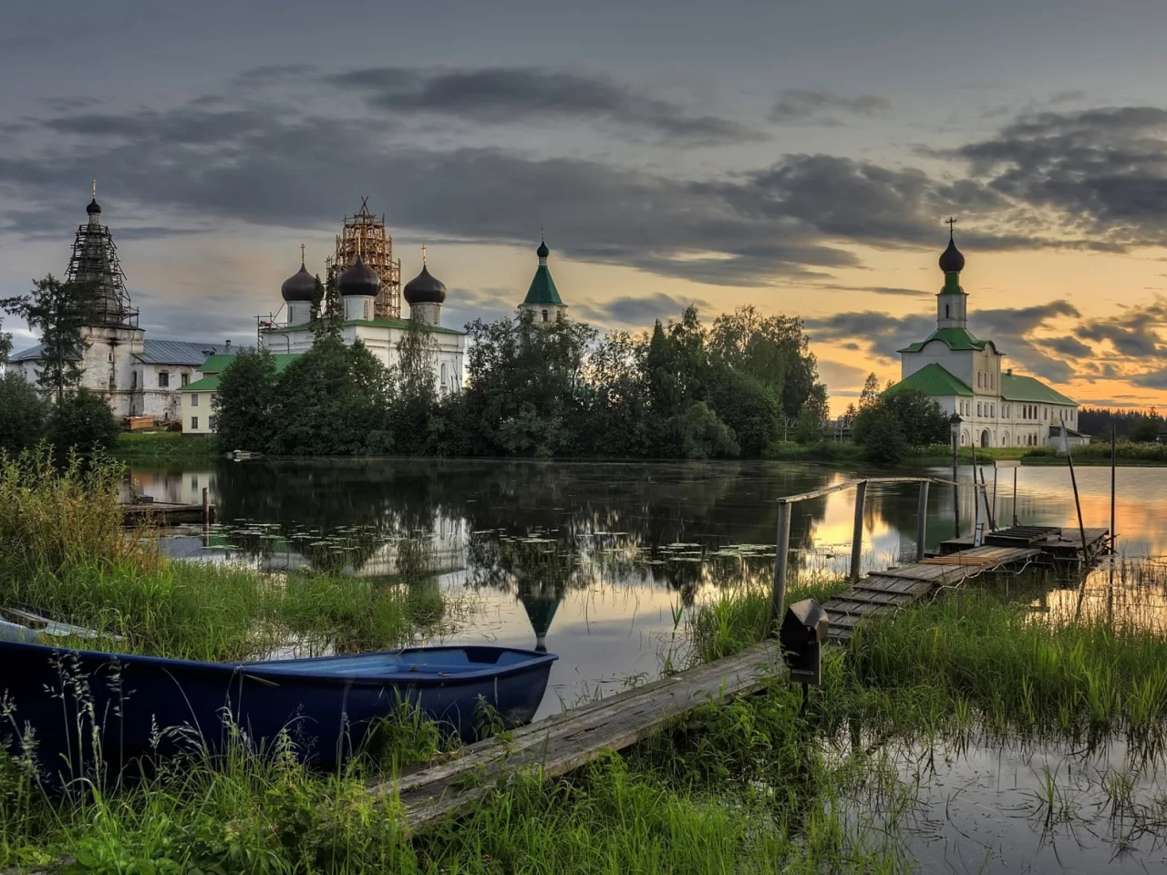 природа, лодка, озеро, собор