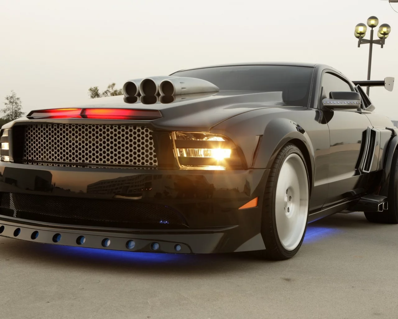 ford mustang, фон, фары, неон, тюнинг