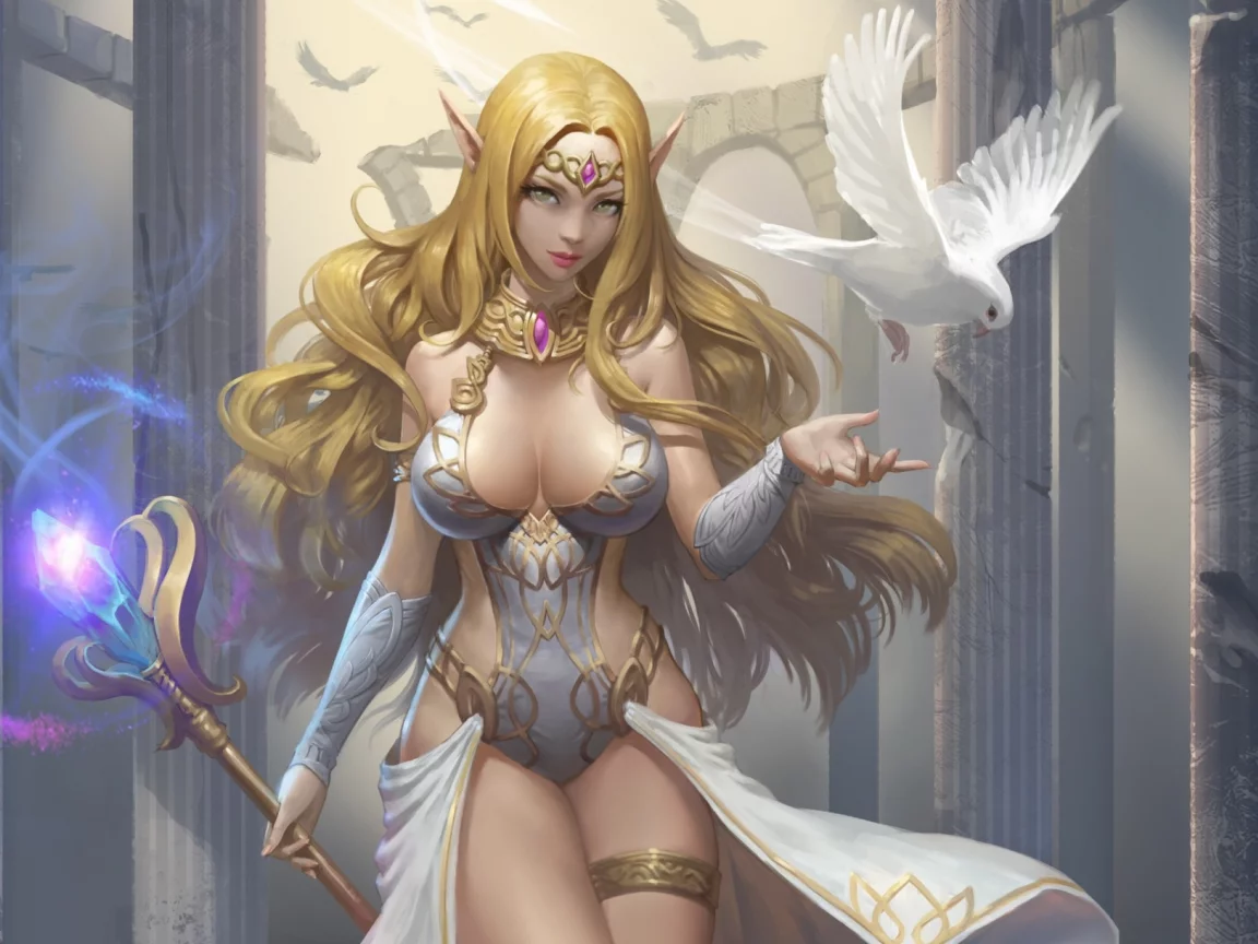 арт, healer, голубь, девушка, эльфийка, эльф, fantasy
