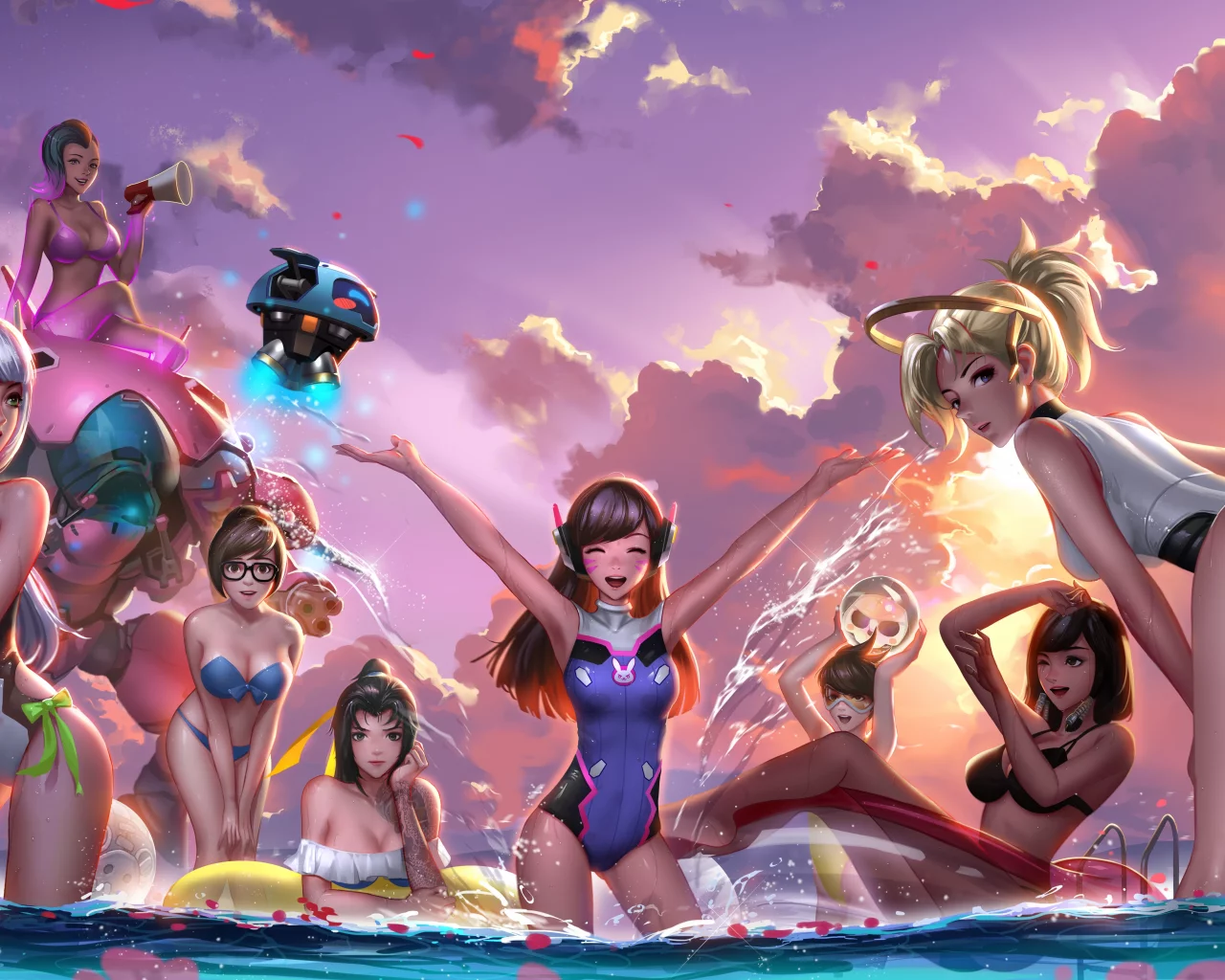 игра, overwatch, девушки, пляж, hana song, lena oxton, widowmaker, tracer, mei, olivia colomar, amlie lacroix, fareeha amari, angela ziegler, mercy, pharah, sombra