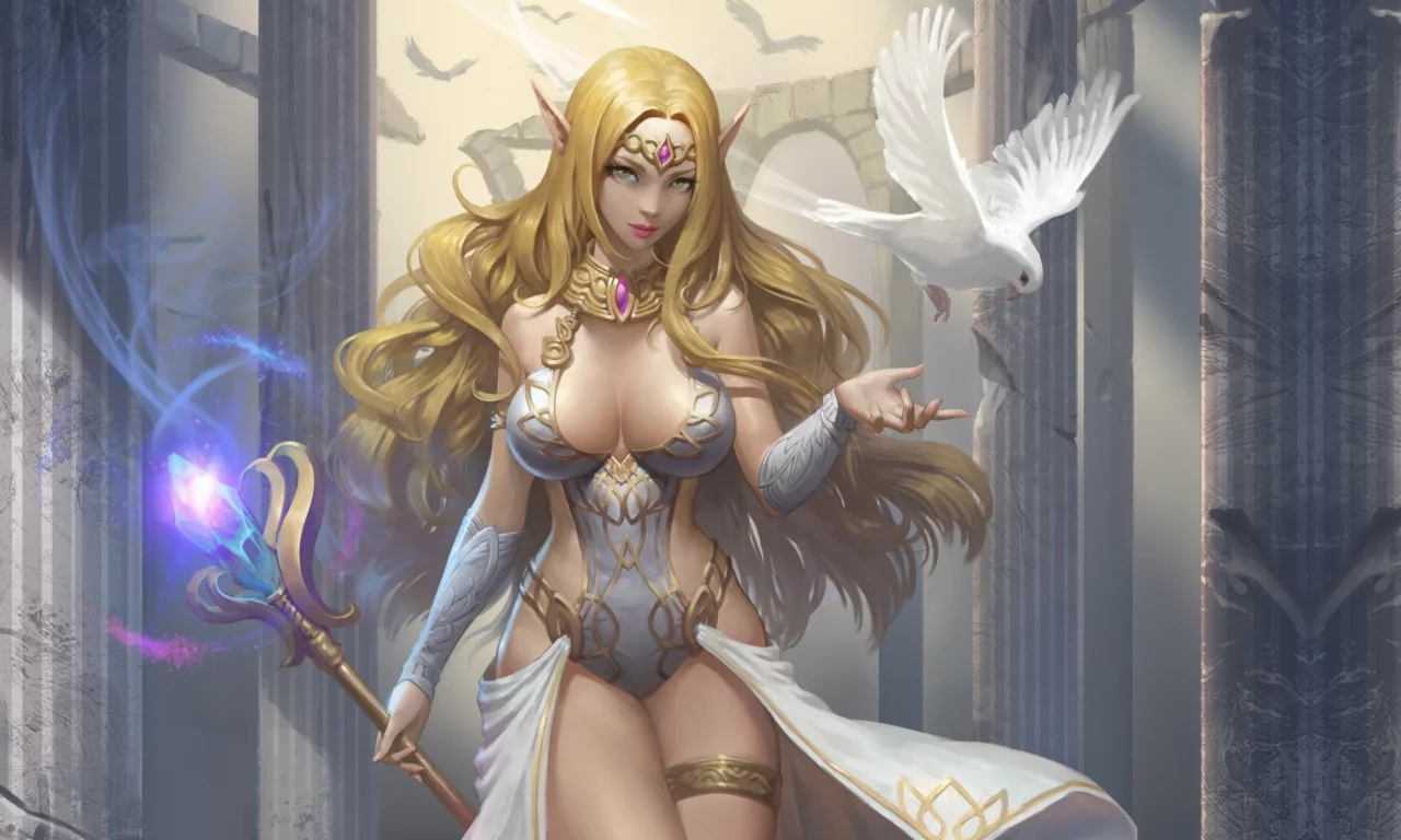 арт, healer, голубь, девушка, эльфийка, эльф, fantasy
