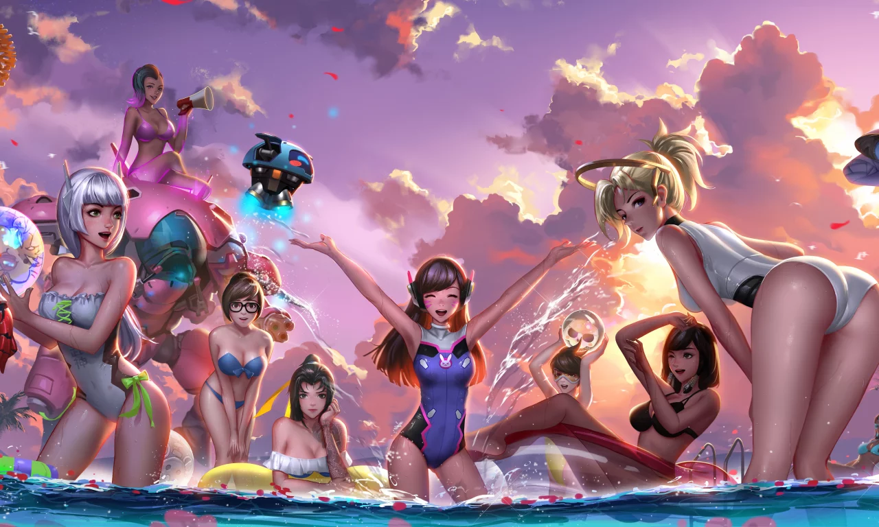 игра, overwatch, девушки, пляж, hana song, lena oxton, widowmaker, tracer, mei, olivia colomar, amlie lacroix, fareeha amari, angela ziegler, mercy, pharah, sombra