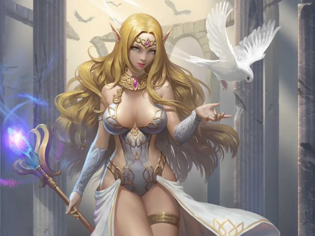 арт, healer, голубь, девушка, эльфийка, эльф, fantasy