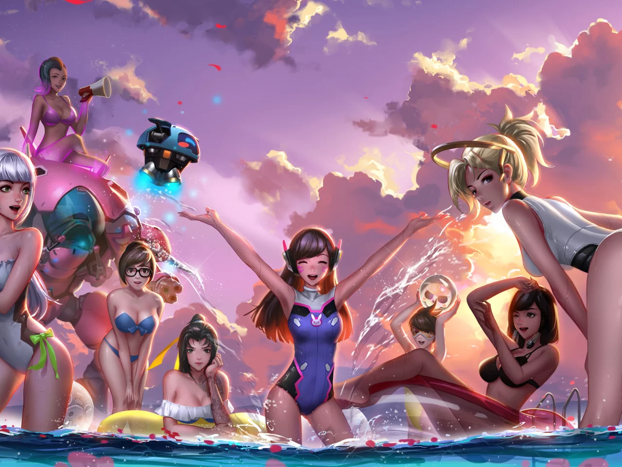 игра, overwatch, девушки, пляж, hana song, lena oxton, widowmaker, tracer, mei, olivia colomar, amlie lacroix, fareeha amari, angela ziegler, mercy, pharah, sombra