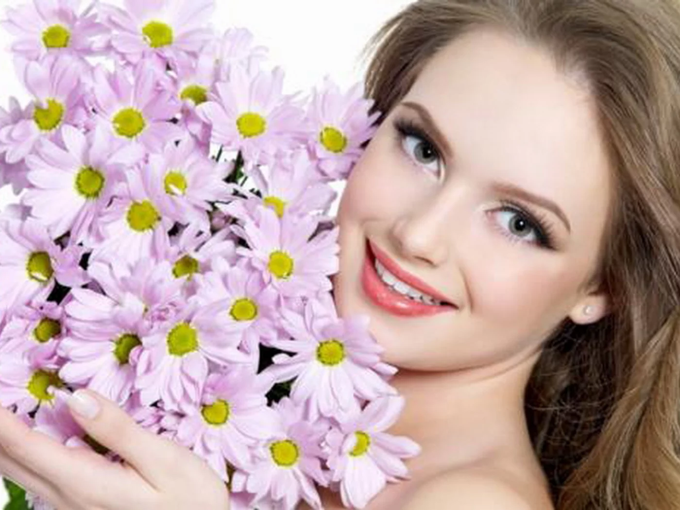 девушка, крупно, макияж, волосы, красивые глаза, красивая девушка, цветы