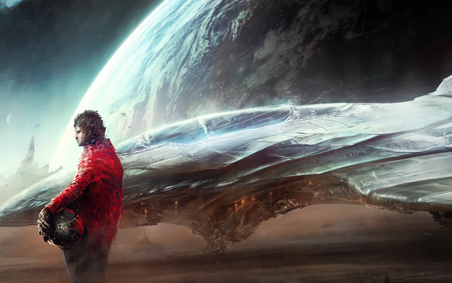 art, stars, away, helmet, mood, thoughtful, spaceship, planet, artwork, space, astronaut, space suit, thinking