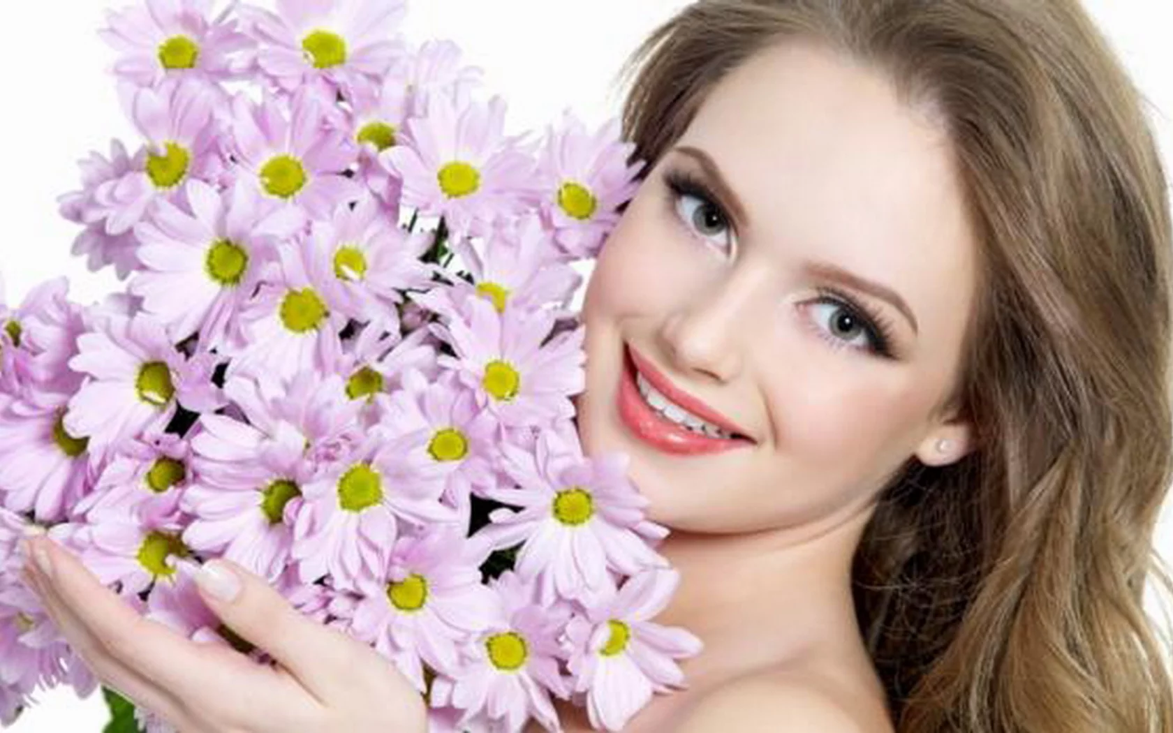 девушка, крупно, макияж, волосы, красивые глаза, красивая девушка, цветы
