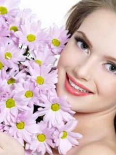 девушка, крупно, макияж, волосы, красивые глаза, красивая девушка, цветы