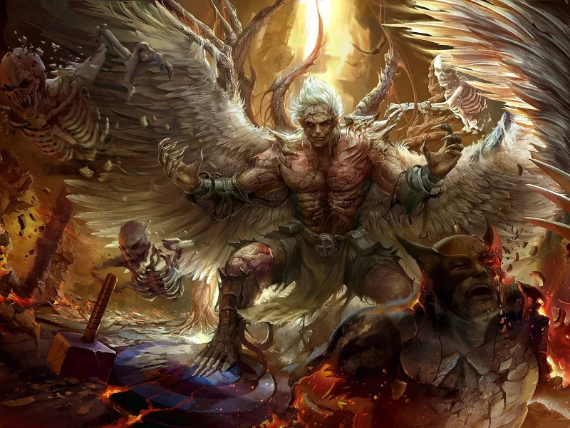 арт, ангел, undead angel, битва, крылья, монстры, скелет