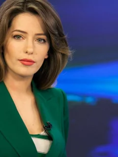 девушка, грудь, телеведущая, длинные волосы, зеленый пиджак, макияж