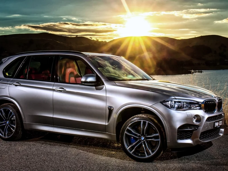 bmv x5, горы, закат, озеро