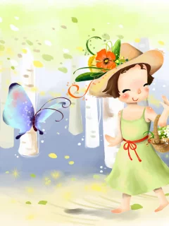 рисунок, девочка, бабочки, берёзы