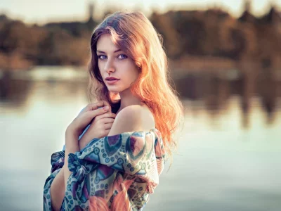 красивая, девушка, у озера