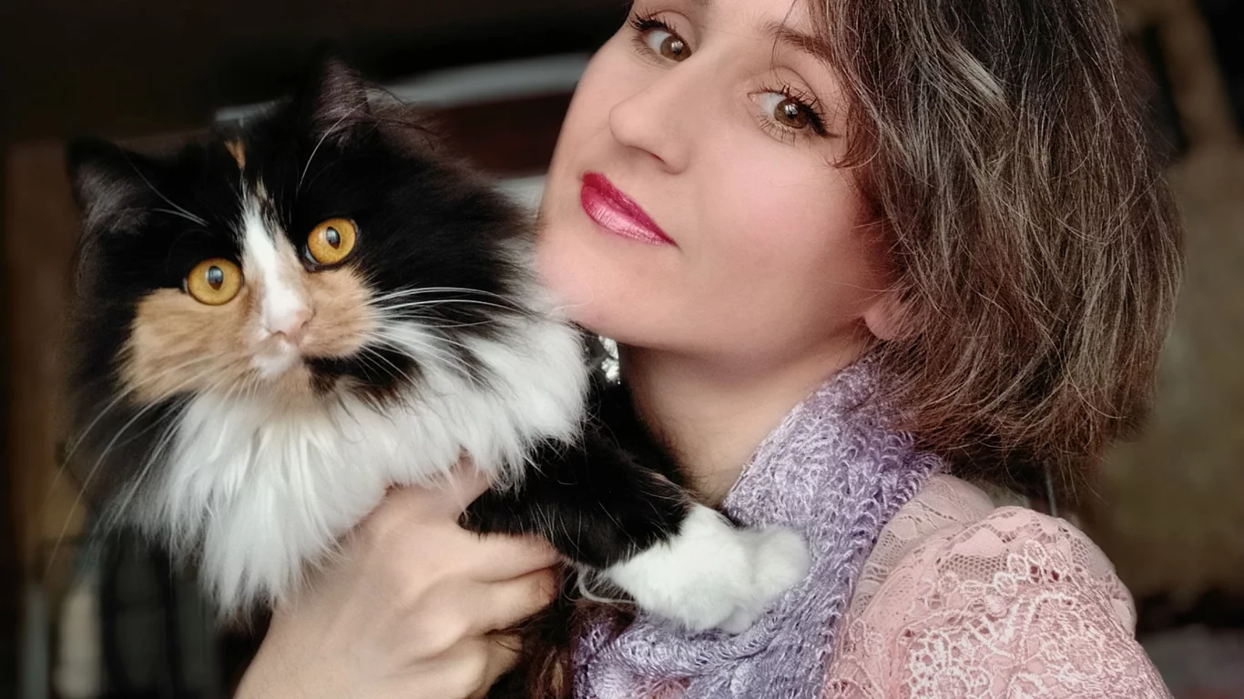 модель, брюнетка, позирует, с кошкой
