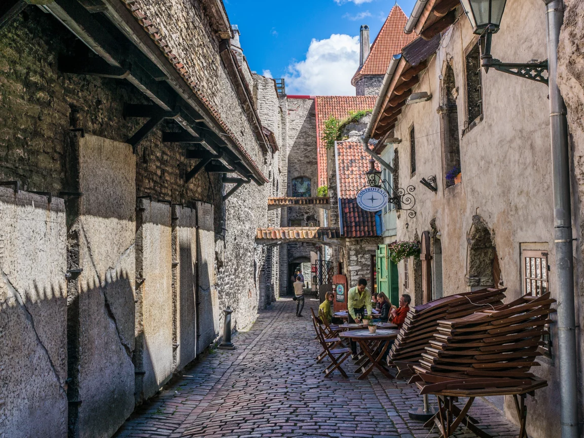 старый, город, таллинн, эстония, улочка, мостовая, фонарь