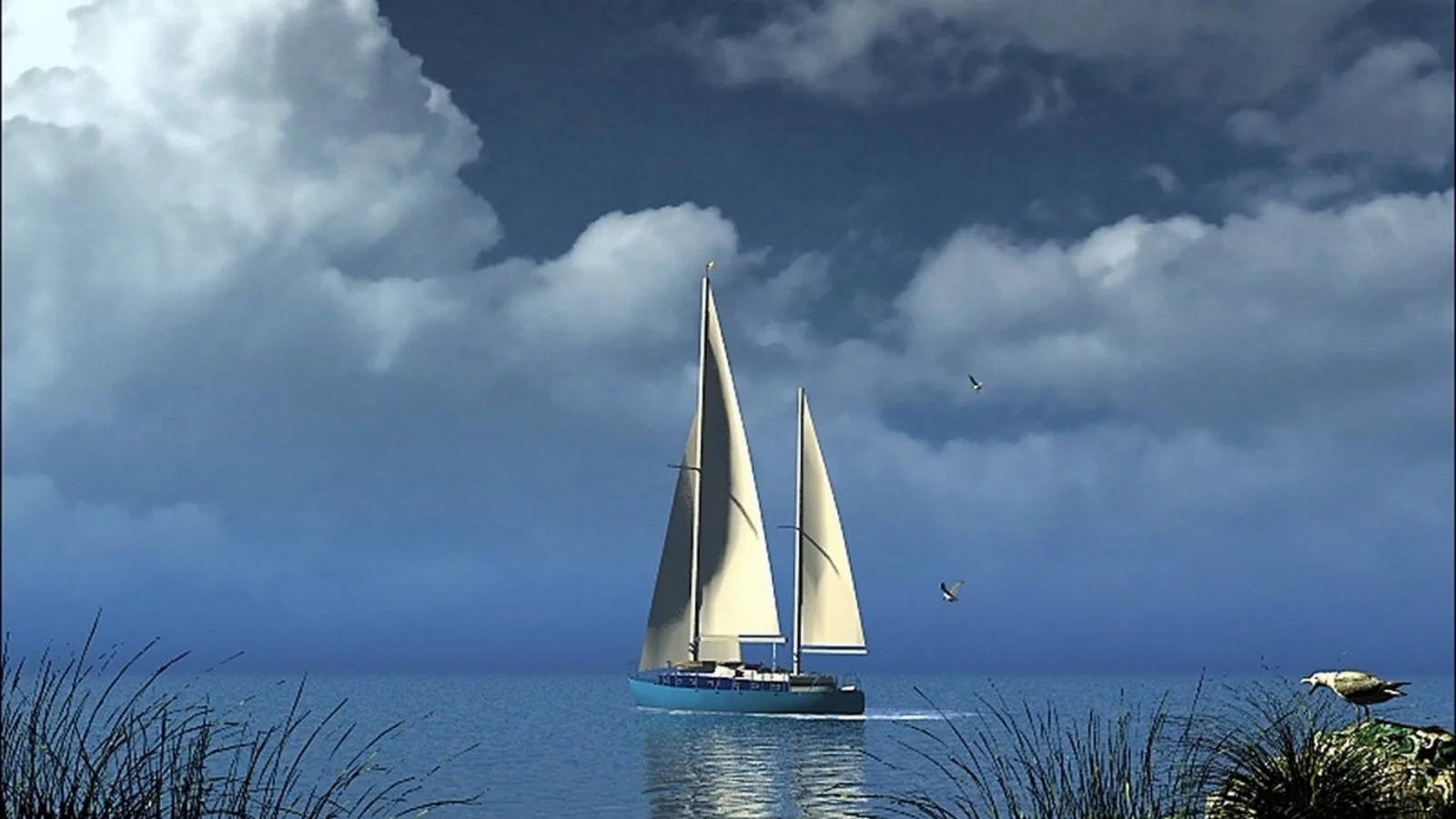 яхта, море, облака