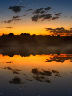 вечер, лодка, отражение, птицы, небо, облака, лес, деревья, звёзды, природа, пейзаж