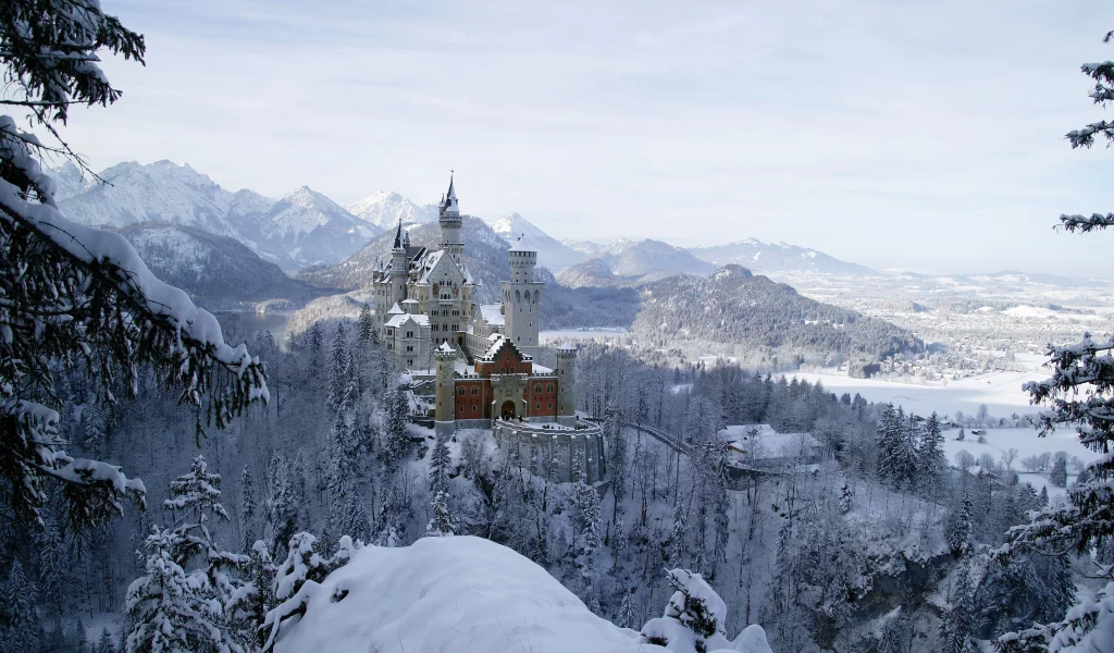 замок, нойшванштайн, бавария, германия, schloss, neuschwanstein, лес, небо, пейзаж, архитектура, зима