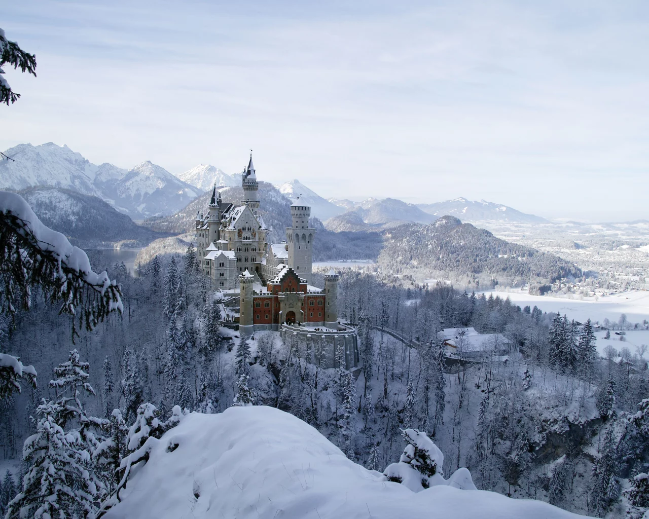 замок, нойшванштайн, бавария, германия, schloss, neuschwanstein, лес, небо, пейзаж, архитектура, зима