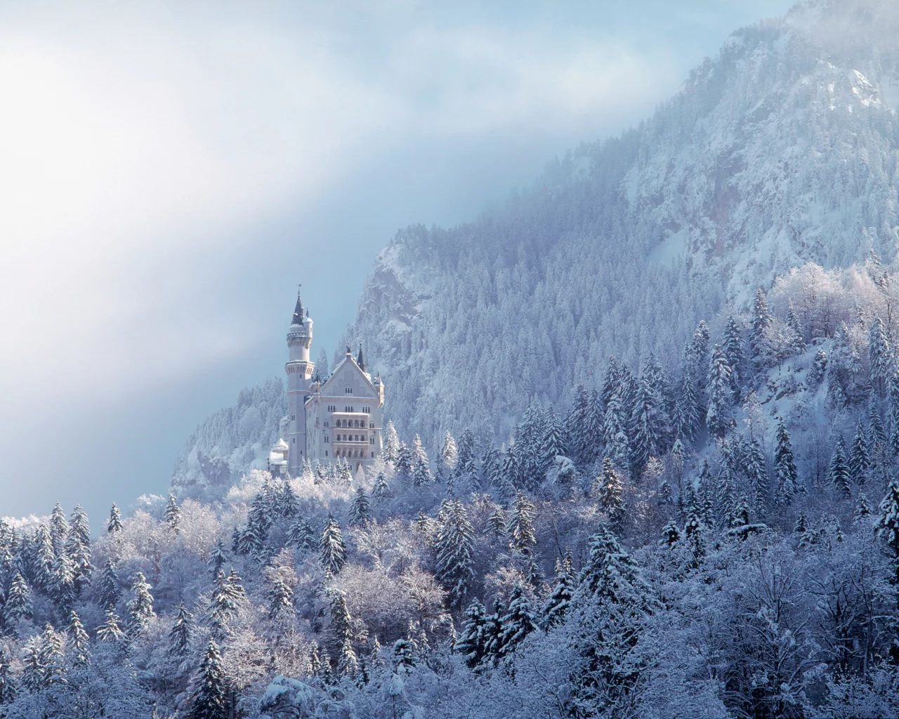 замок, нойшванштайн, бавария, германия, schloss, neuschwanstein, лес, небо, пейзаж, архитектура, зима, горы