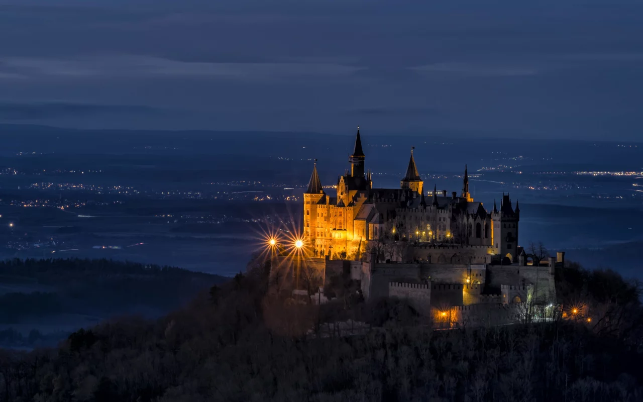 замок, гогенцоллерн, burg hohenzollern, холм, деревья, гора, возвышенность, германия, пейзаж