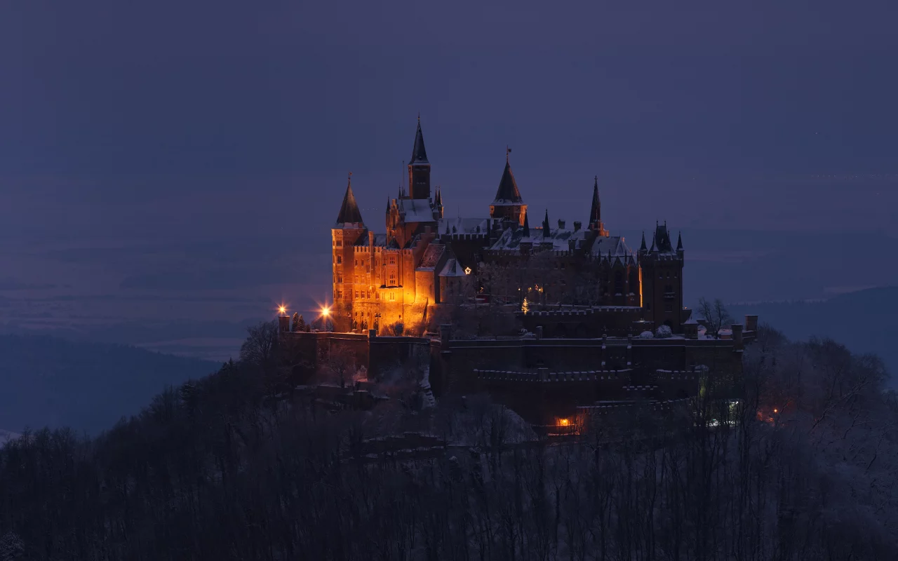 замок, гогенцоллерн, burg, hohenzollern, холм, деревья, гора, возвышенность, германия, пейзаж