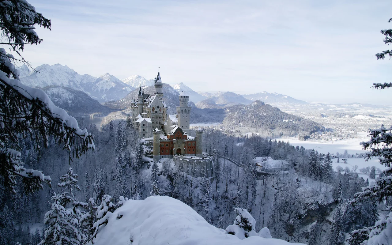 замок, нойшванштайн, бавария, германия, schloss, neuschwanstein, лес, небо, пейзаж, архитектура, зима
