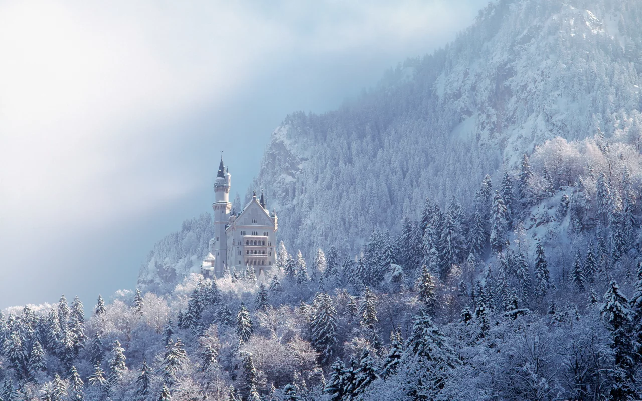 замок, нойшванштайн, бавария, германия, schloss, neuschwanstein, лес, небо, пейзаж, архитектура, зима, горы