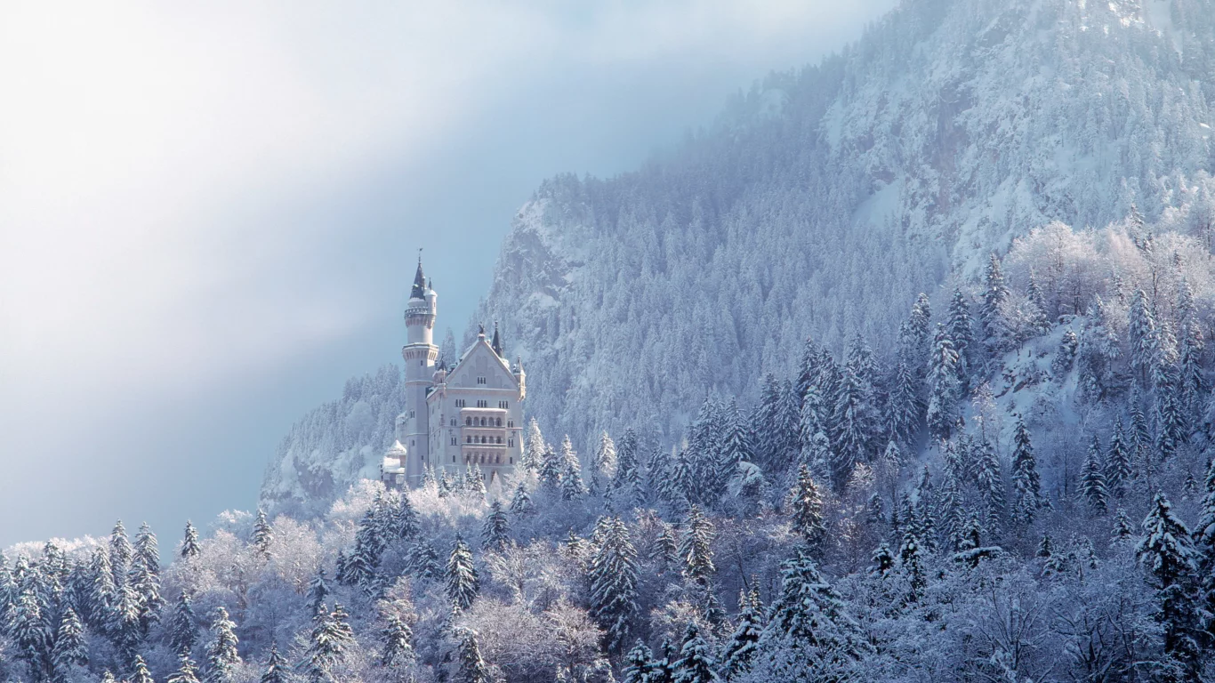 замок, нойшванштайн, бавария, германия, schloss, neuschwanstein, лес, небо, пейзаж, архитектура, зима, горы
